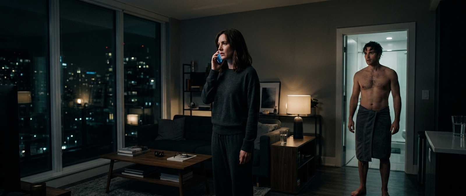 Wide shot in a dim living room, a woman standing rigid with a phone held to her 
