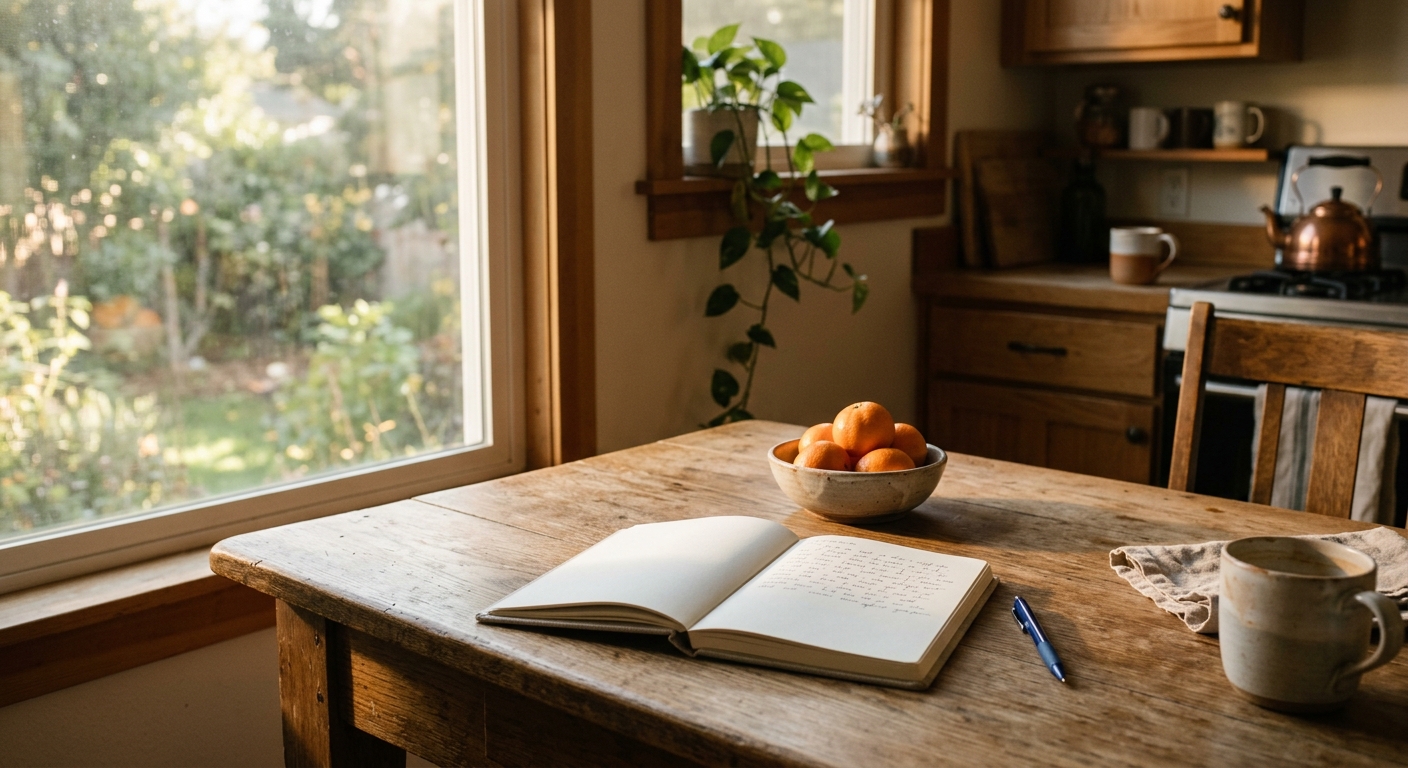 A quiet kitchen table with a journal open, a pen resting beside a small bowl of 