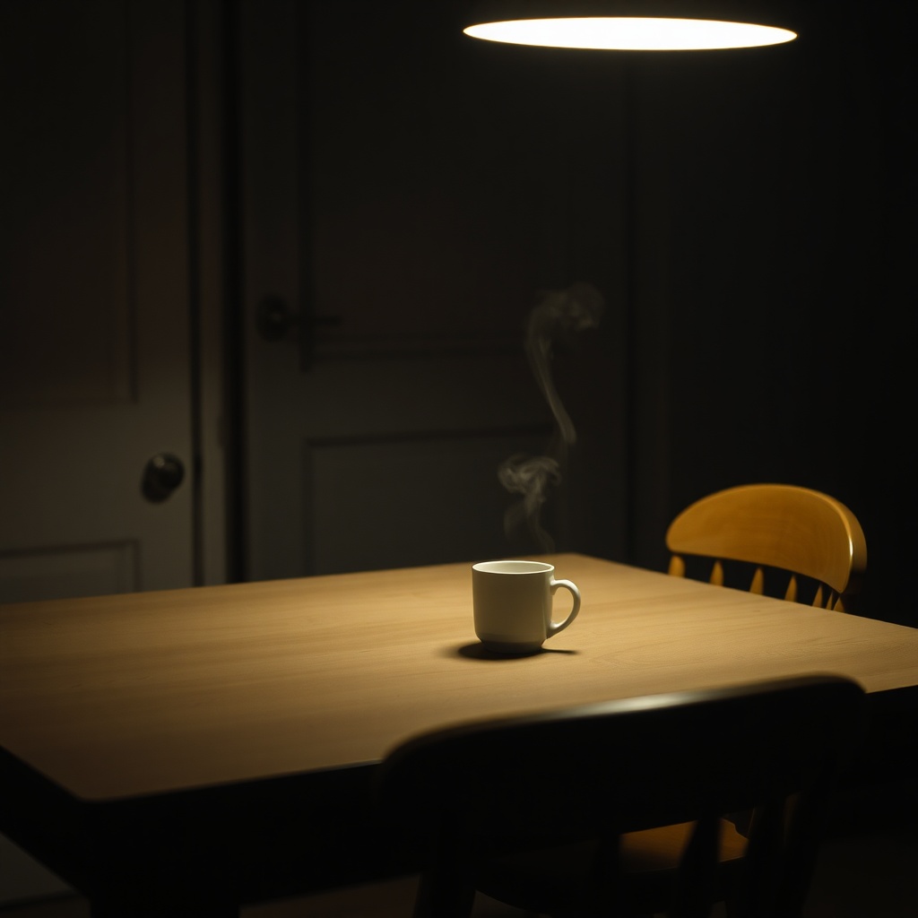 A quiet kitchen table at night with a single steaming mug, a chair pulled slight