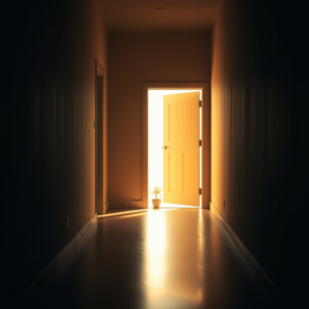 A dim hallway leading to an open door with warm light spilling out, one small pl