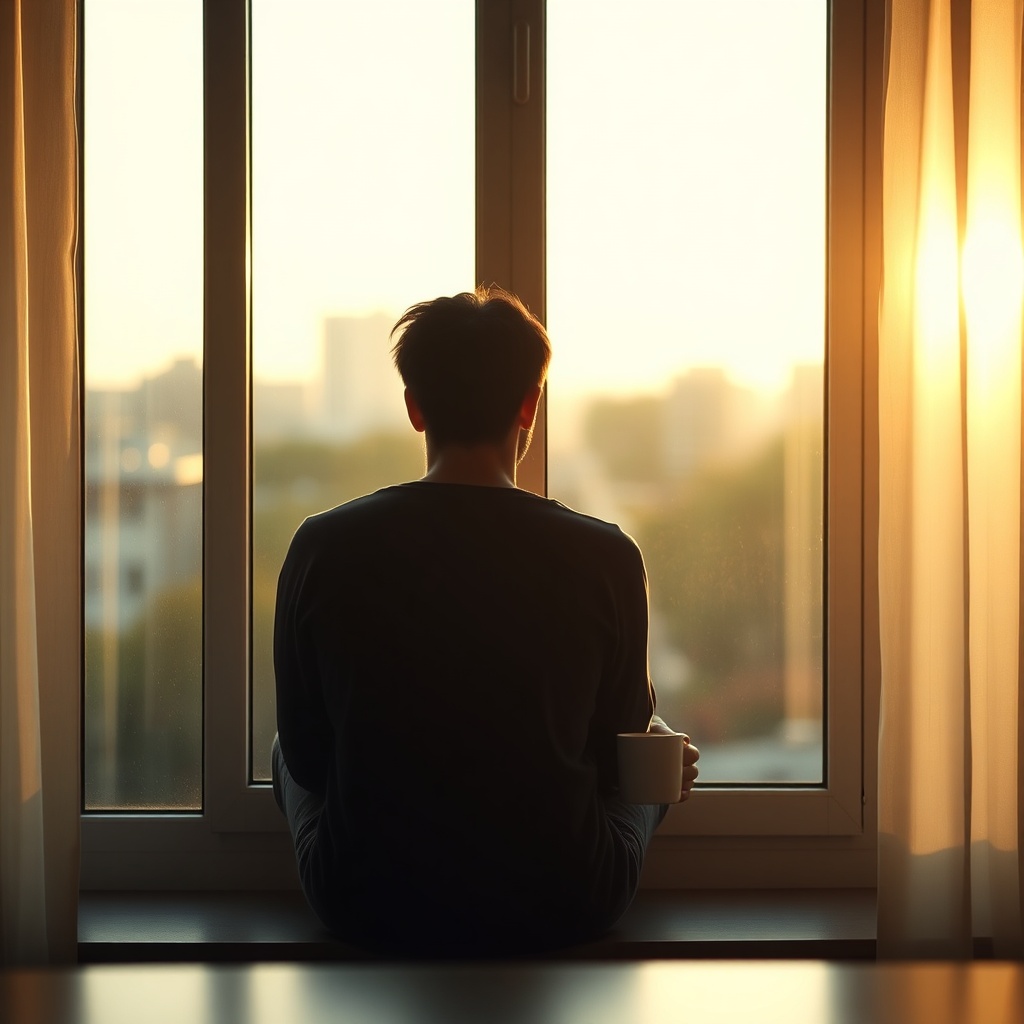 A person seen from behind sitting on a window seat in early morning light, holdi