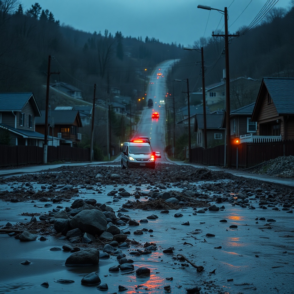 A steep hillside neighborhood at dusk with rain-slick streets and a muddy debris