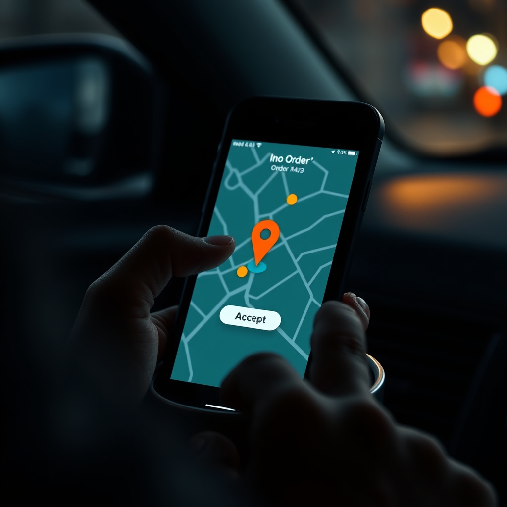 A close-up of a glowing smartphone in a car cupholder showing an incoming order 