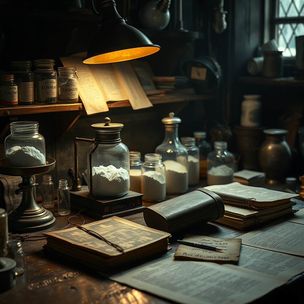 A cluttered nineteenth century chemist’s workbench with glass jars of pale powde