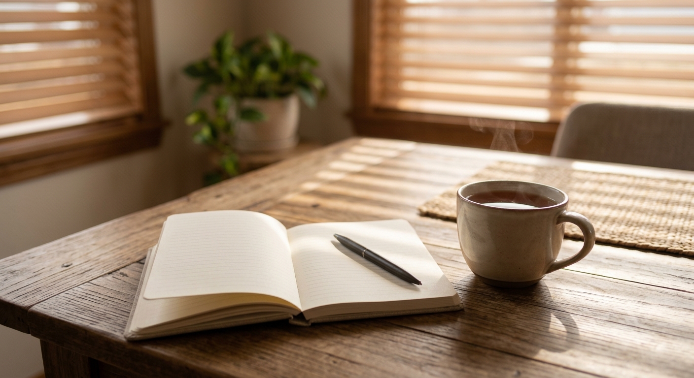 A small notebook open on a kitchen table beside a mug of tea, a pen resting acro