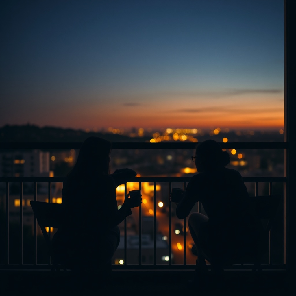 Two silhouettes sitting on a balcony at dusk with mugs in hand, city lights begi