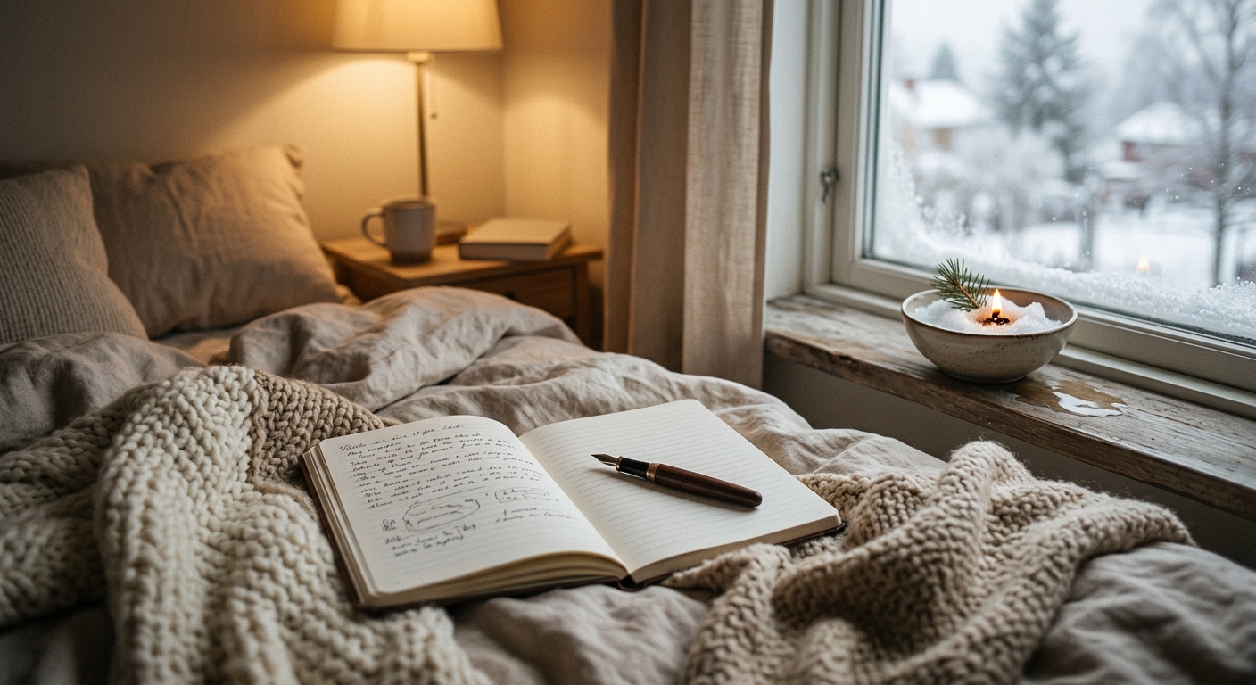 A notebook open on a bed with soft blankets, a pen resting on the page, a small 