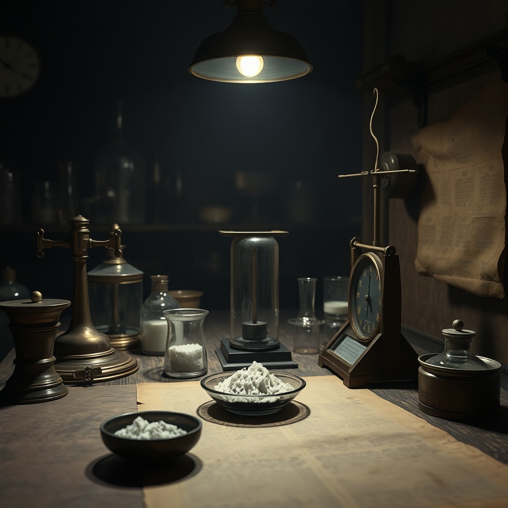A dim laboratory scene from the late 19th century with brass instruments, a bala