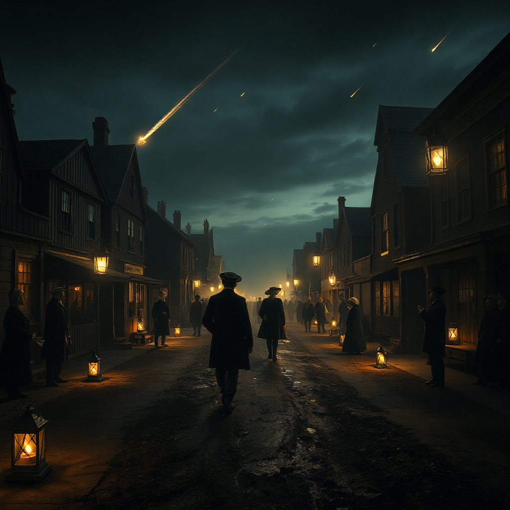 Wide shot of an 1830s small town street at night with scattered townsfolk in coa