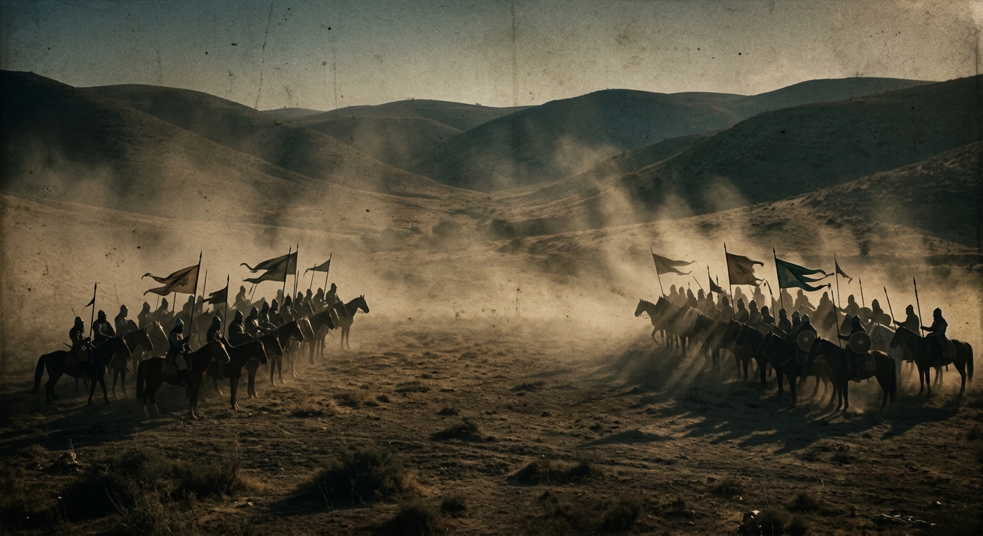 Wide shot of a dusty Levant valley with two mounted formations facing off at dis