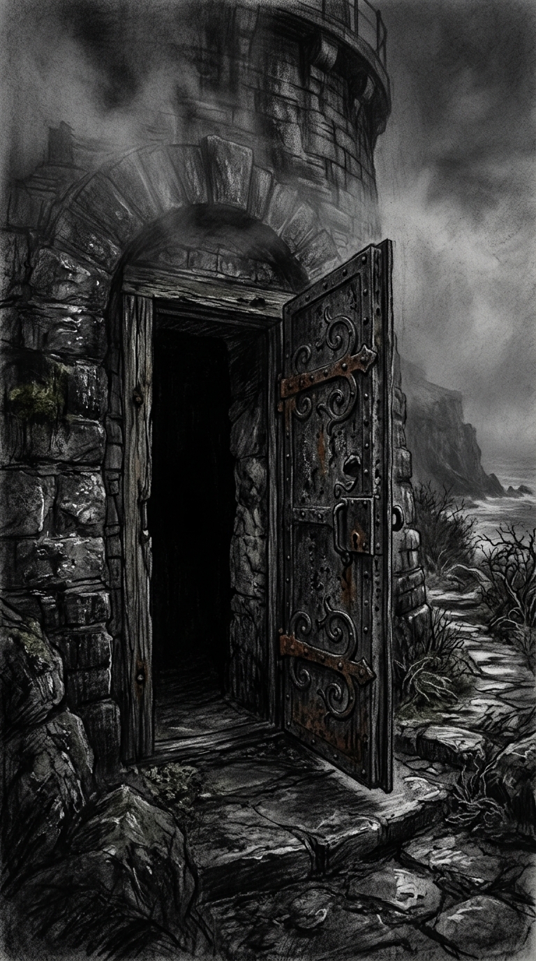 The aged entrance of the lighthouse with a heavy wrought-iron door, rusted yet s