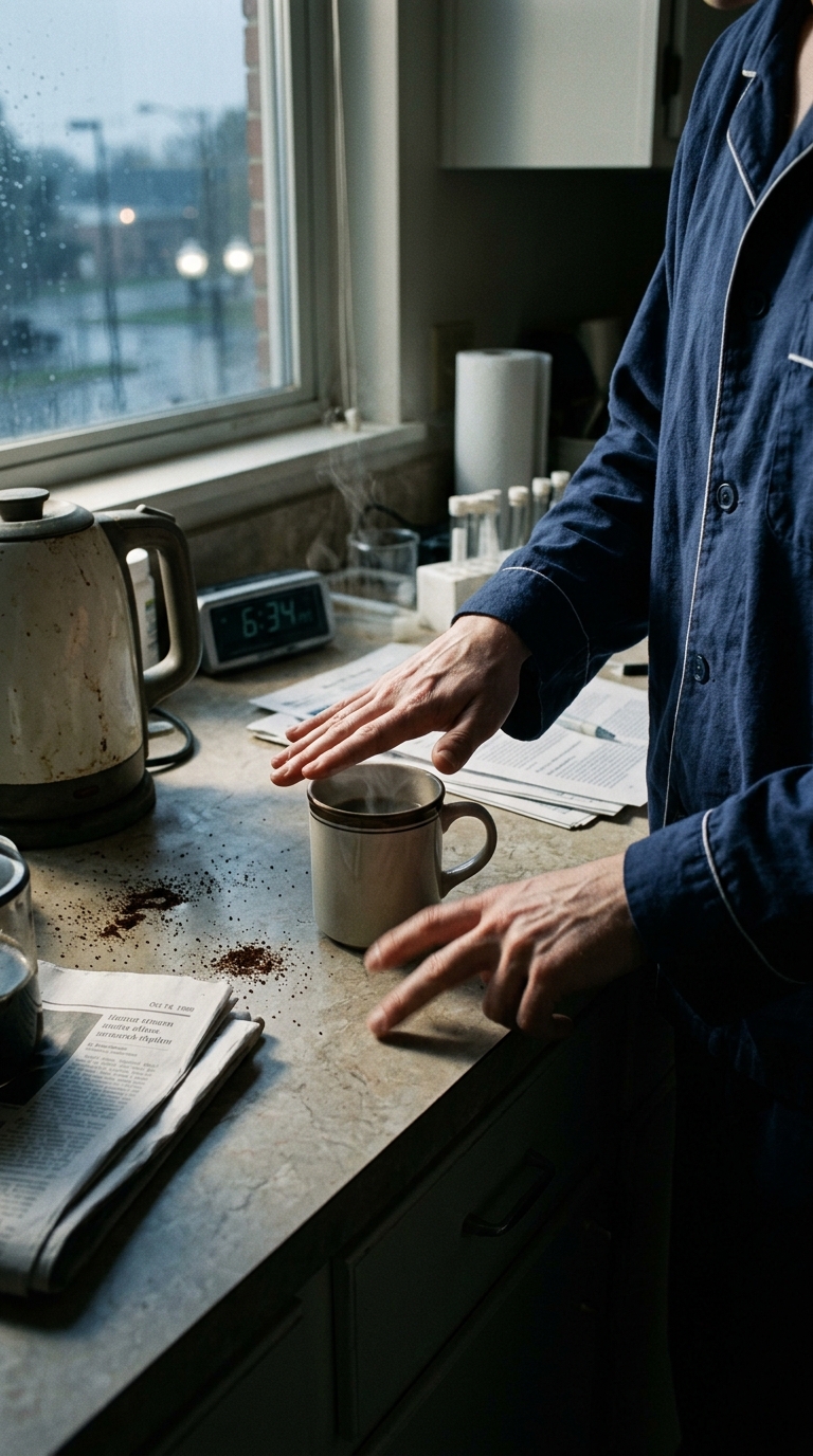 An anonymous person in pajamas seen from above, hand hovering over the mug as if