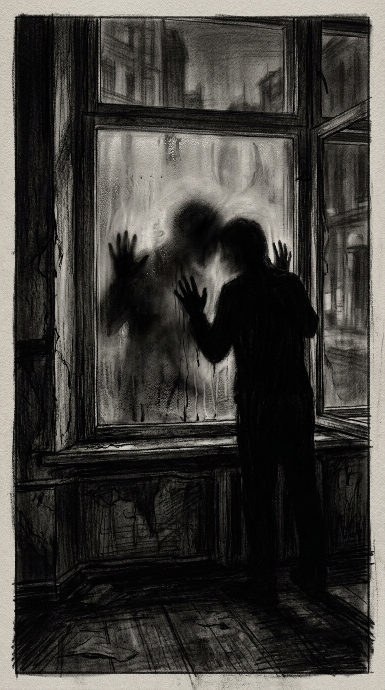 The fogged-up window again, but now with both shadowy silhouettes — one inside a
