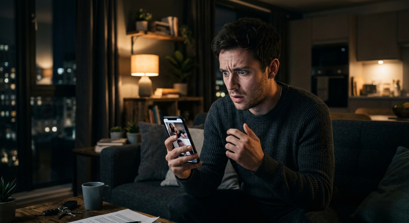 James’ face frozen in shock as he sees the photos, his eyes wide with fear and c