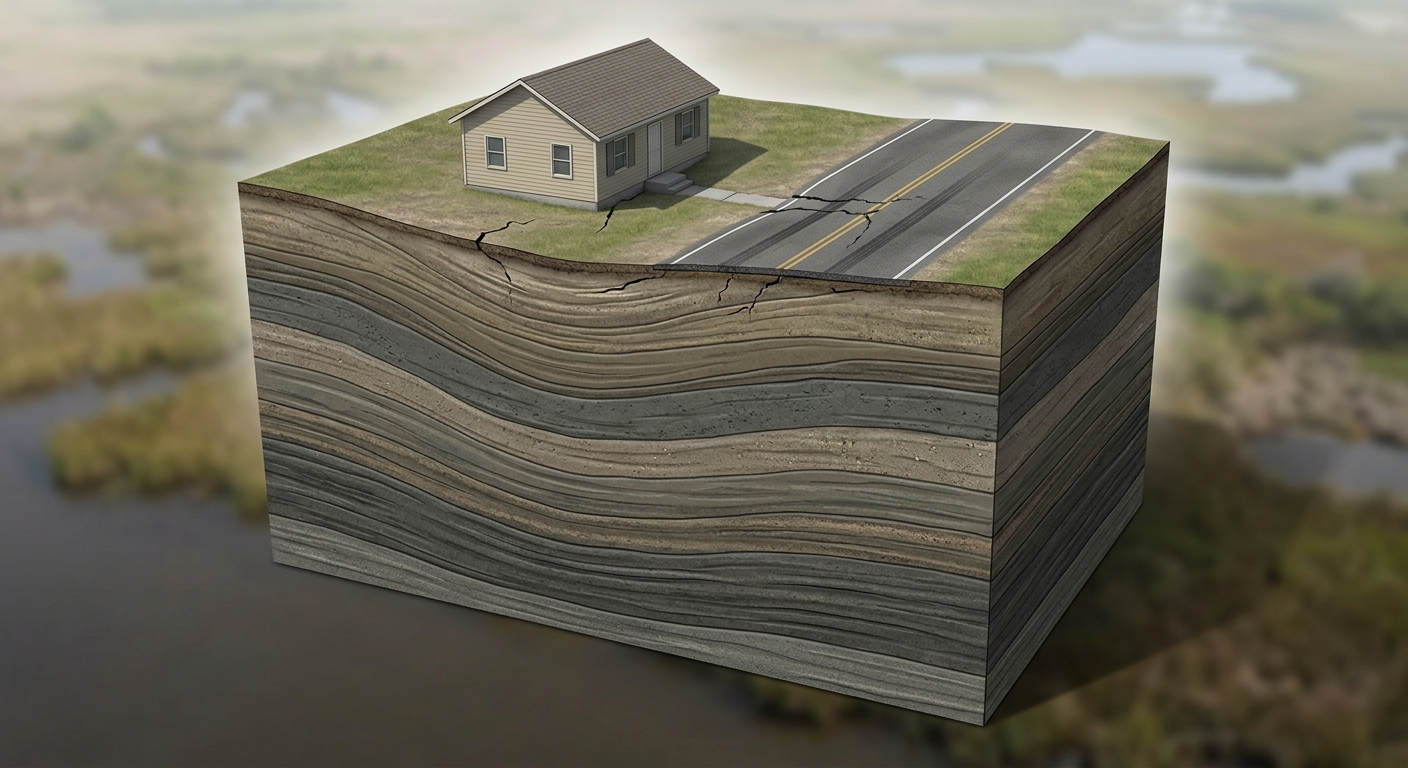A semi-realistic cutaway of layered muddy delta soil compressing under a small h
