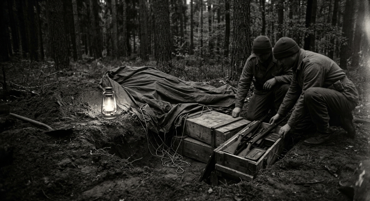 A dimly lit forest clearing with a freshly dug cache: wooden crates of rifles, a
