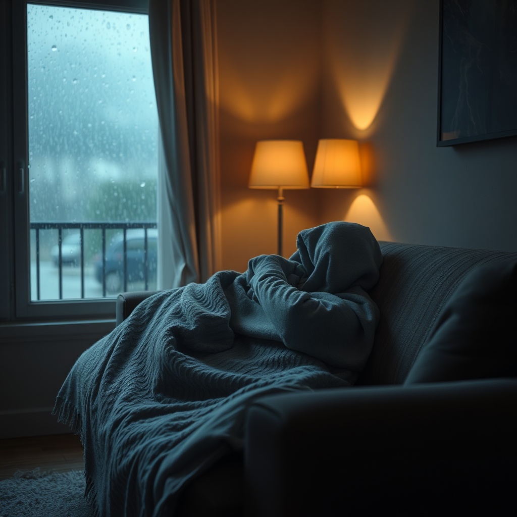A moody, semi-realistic scene of an anonymous person wrapped in a blanket on a c