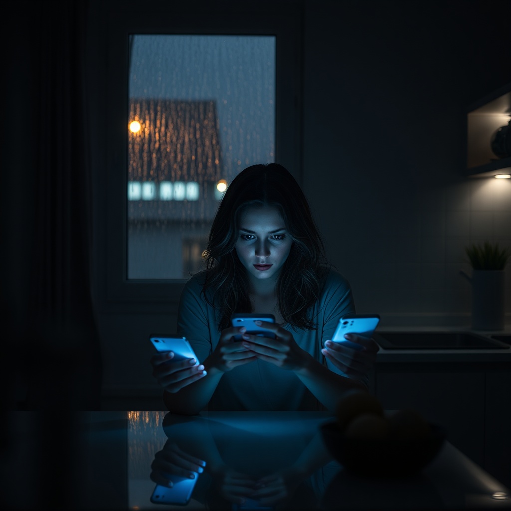 Woman seated at a kitchen table in a dim modern apartment, phone screen glowing 