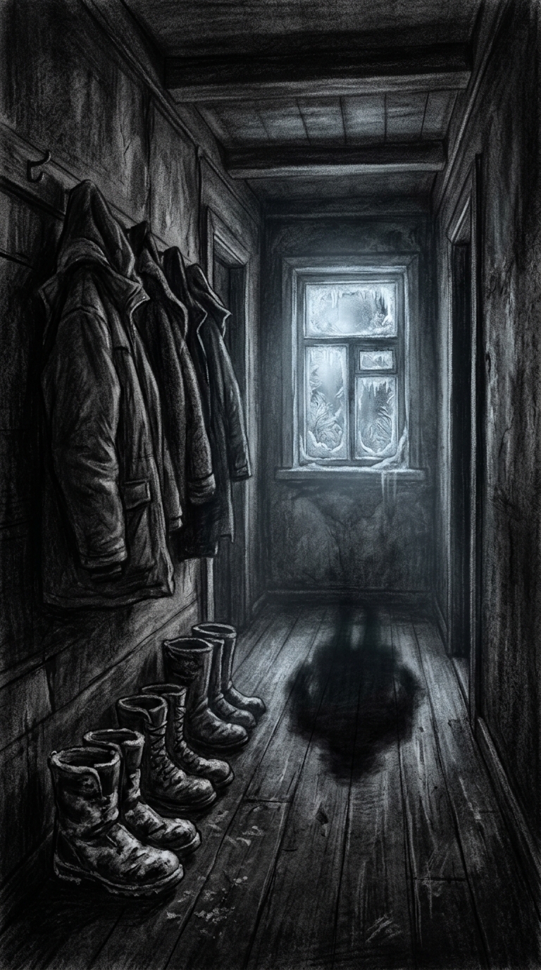 Dark charcoal horror illustration of a narrow hallway in a small Arctic house, c