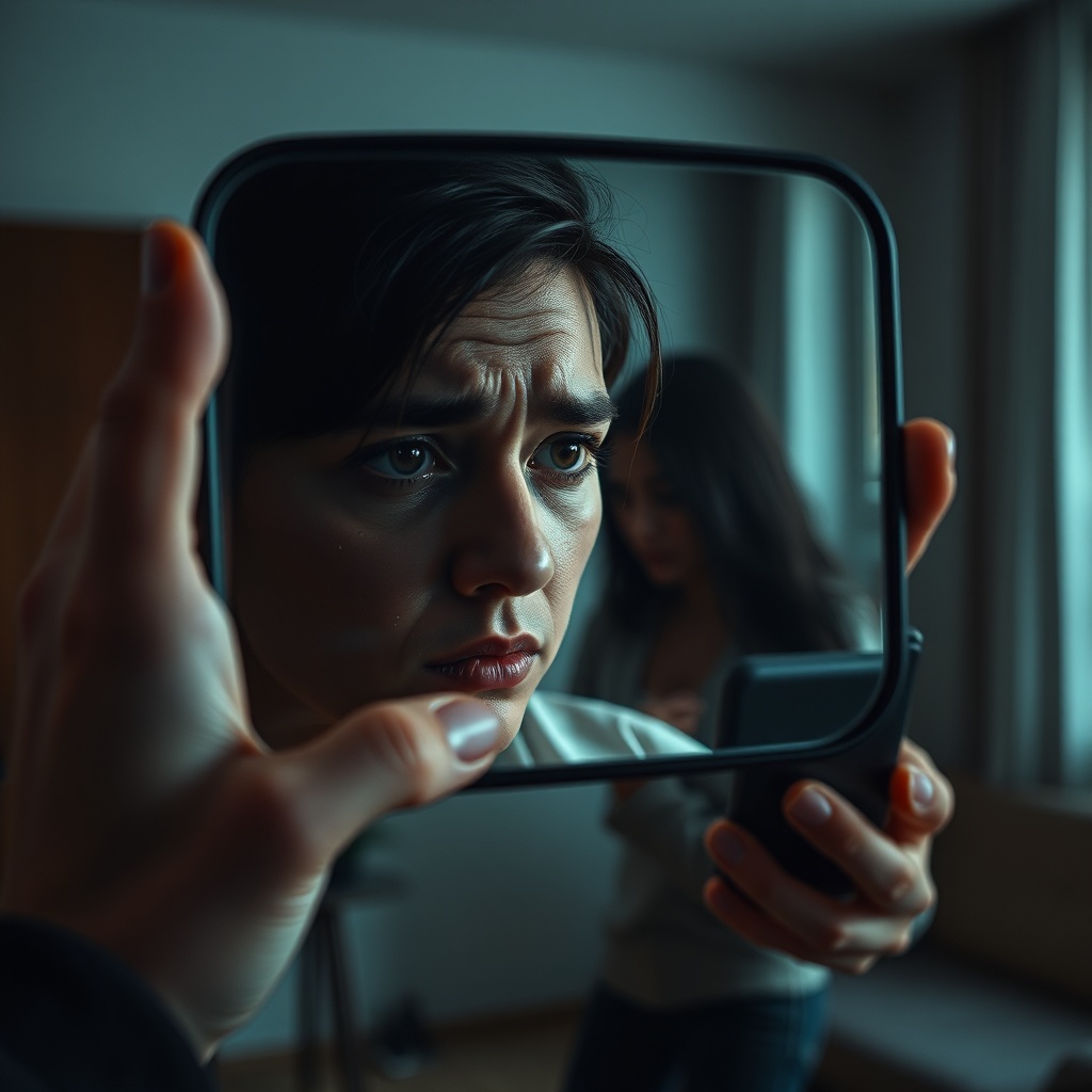 A handheld mirror reflecting a tearstained face, confusion etched between the br