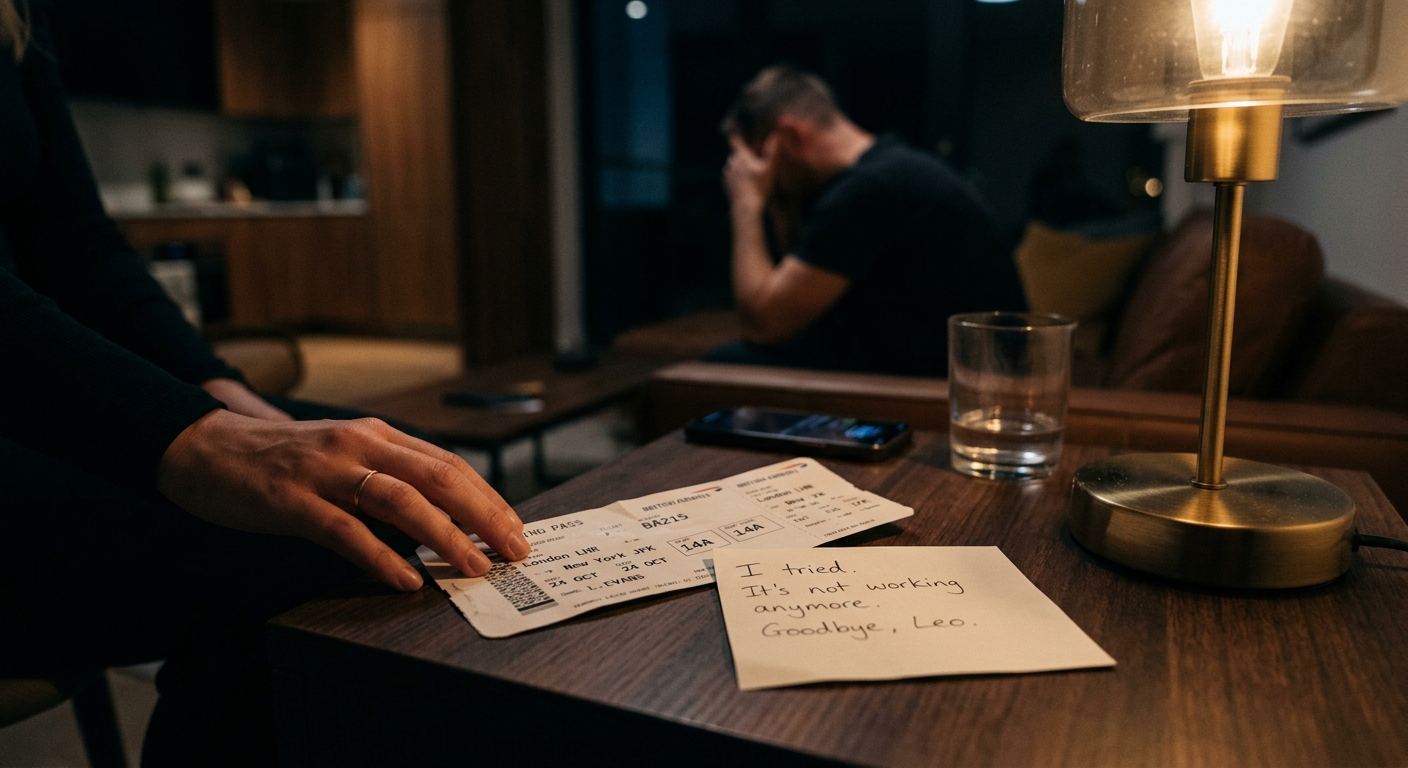 A close-up of a plane ticket and a handwritten note on a table, the words barely