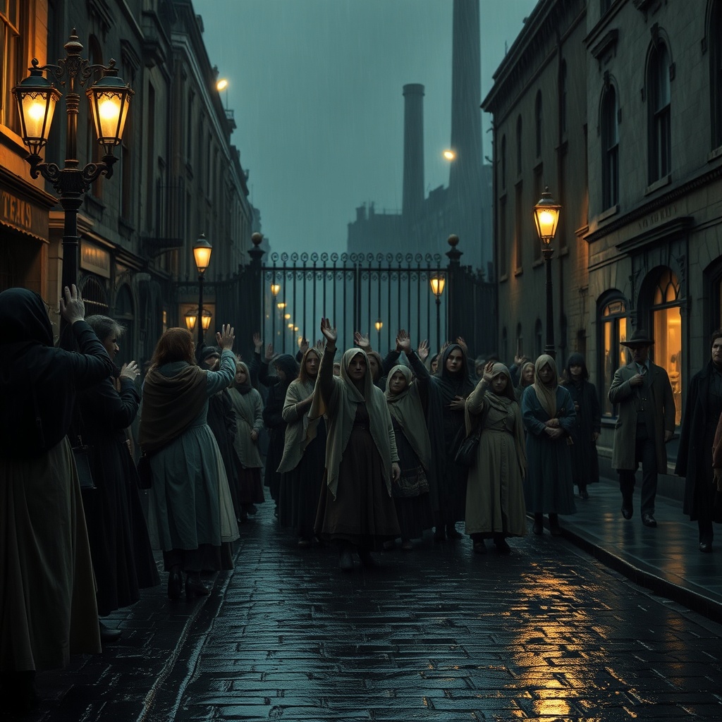 A rainy East End street outside a factory gate, a tight cluster of anonymous wom