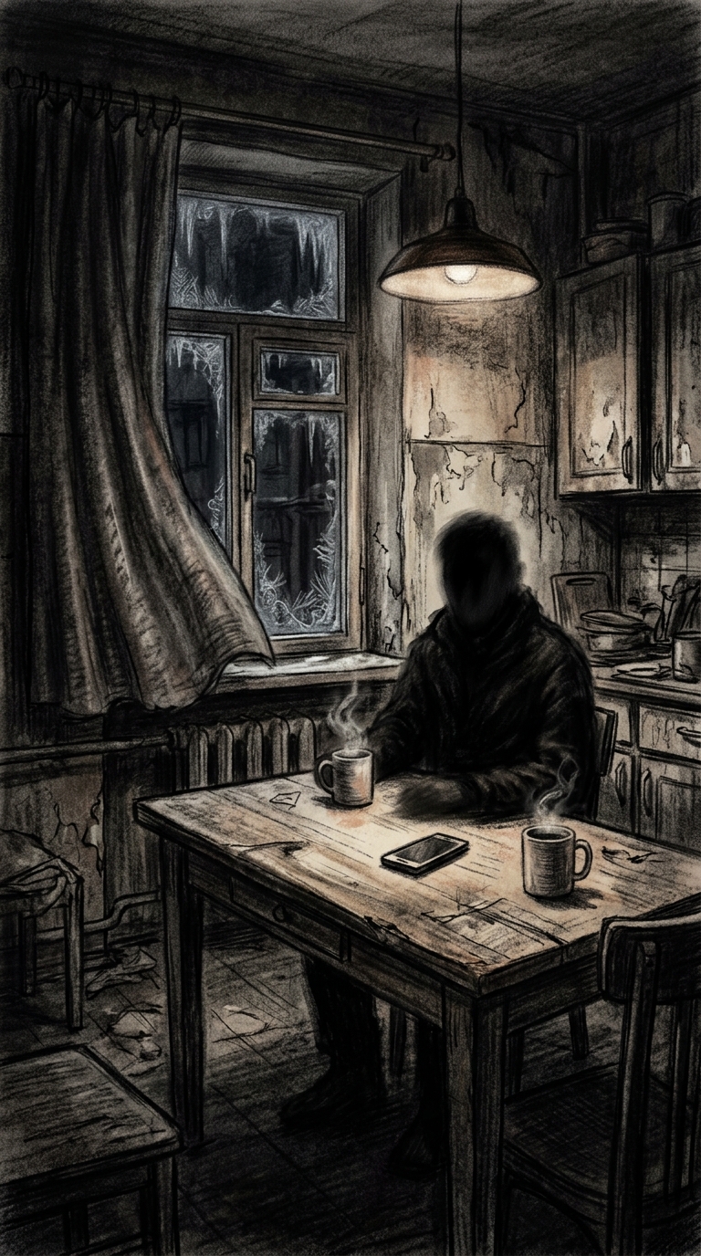 Dark charcoal horror illustration of an interior kitchen table lit by a weak han