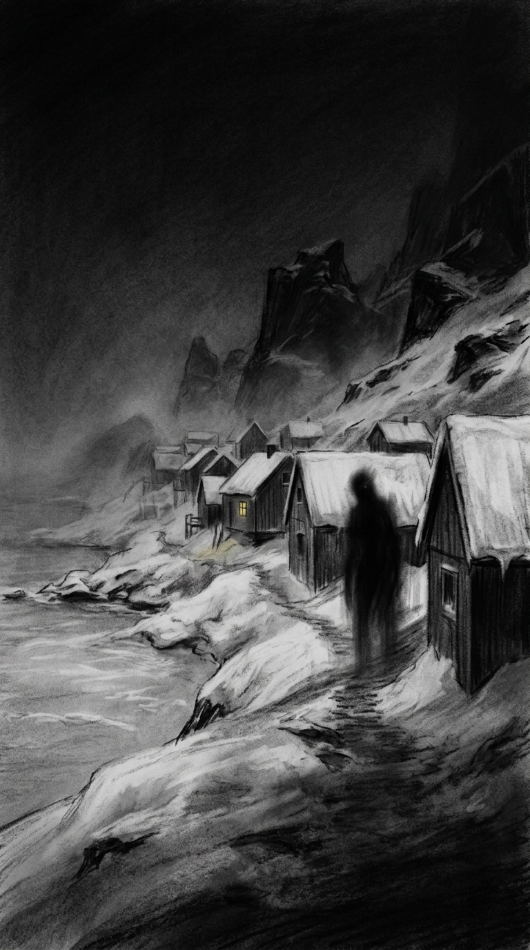 Dark charcoal horror illustration of a Greenland coastal settlement at polar nig