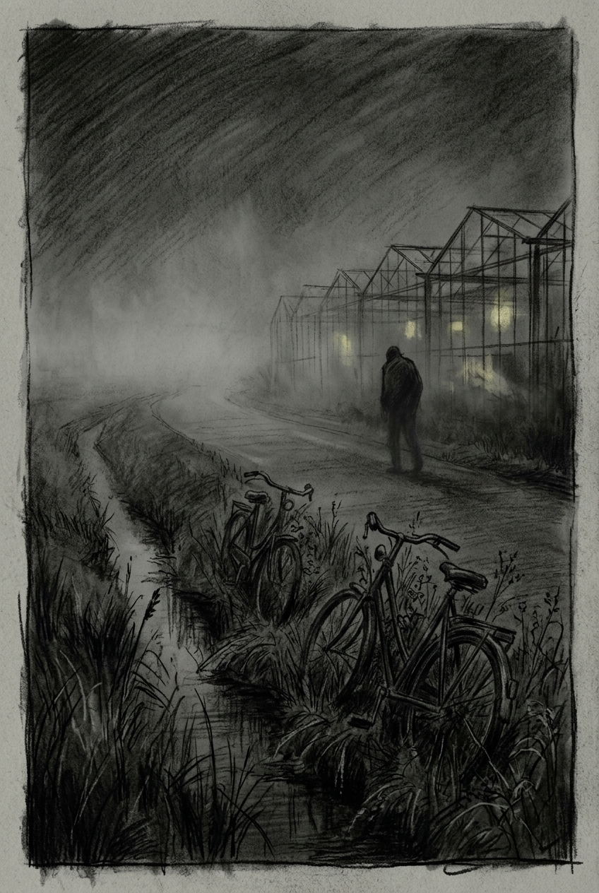 Dark charcoal horror illustration of a narrow Dutch service road beside a draina