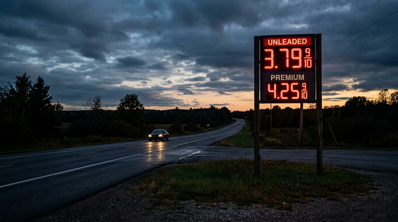 A wide shot of a roadside gas price sign at dusk with the numbers glowing, a lon