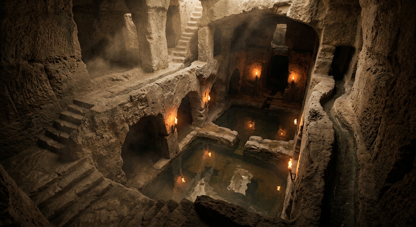 A high angle view inside ancient rock cut cisterns and channels with faint water