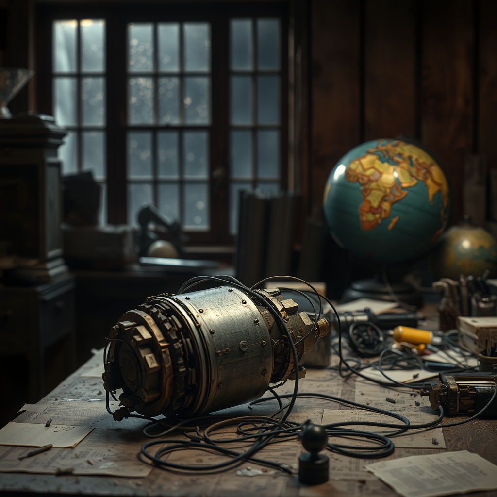 A cluttered workshop table with a broken satellite component and tangled wires, 
