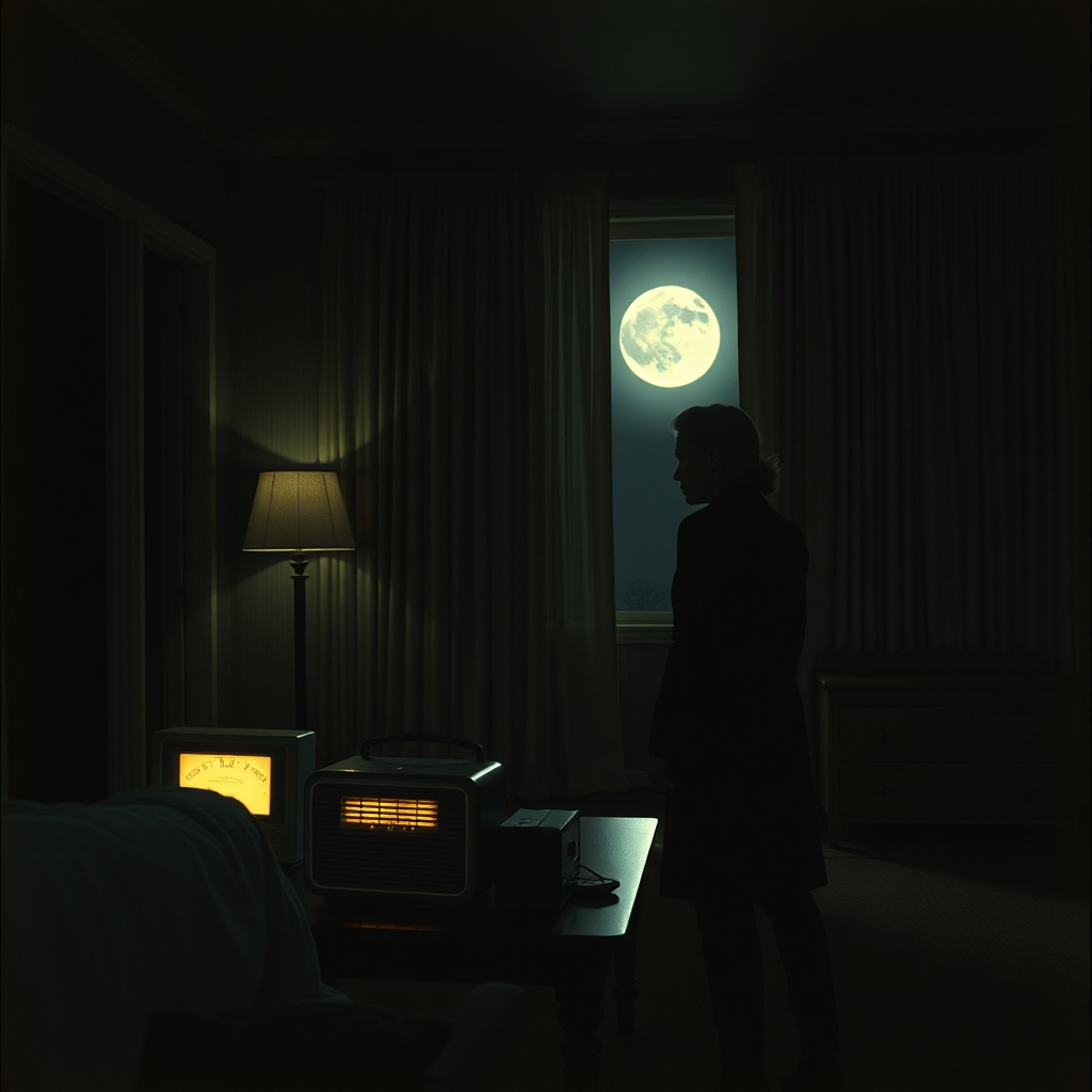 A 1950s-era living room at night with a small radio glowing on a table, curtains
