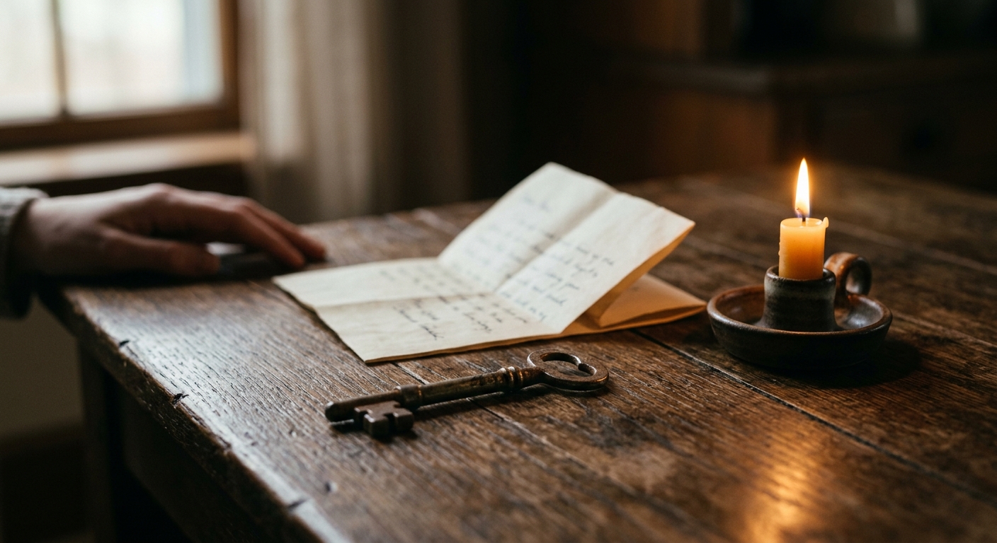 Close-up of an old key on a wooden table beside a folded paper note and a single