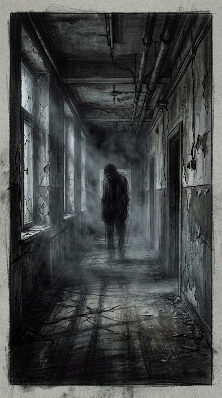 A shadowy figure at the far end of the hallway, indistinct and partially transpa