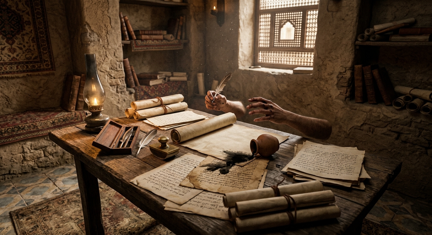 Interior of a lamplit medieval Middle Eastern study with scattered manuscripts a