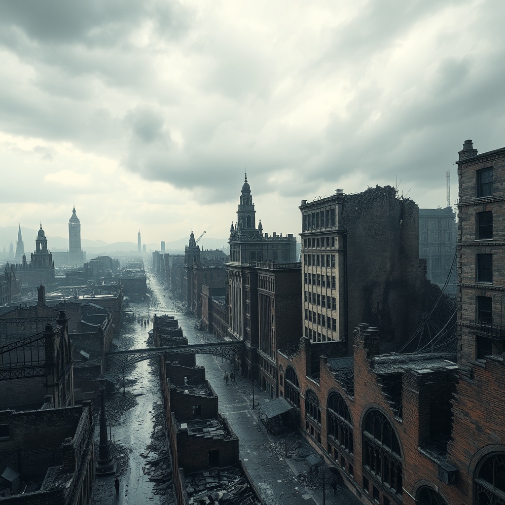 A wide aerial-like view over a downtown district reduced to smoldering ruins, ro