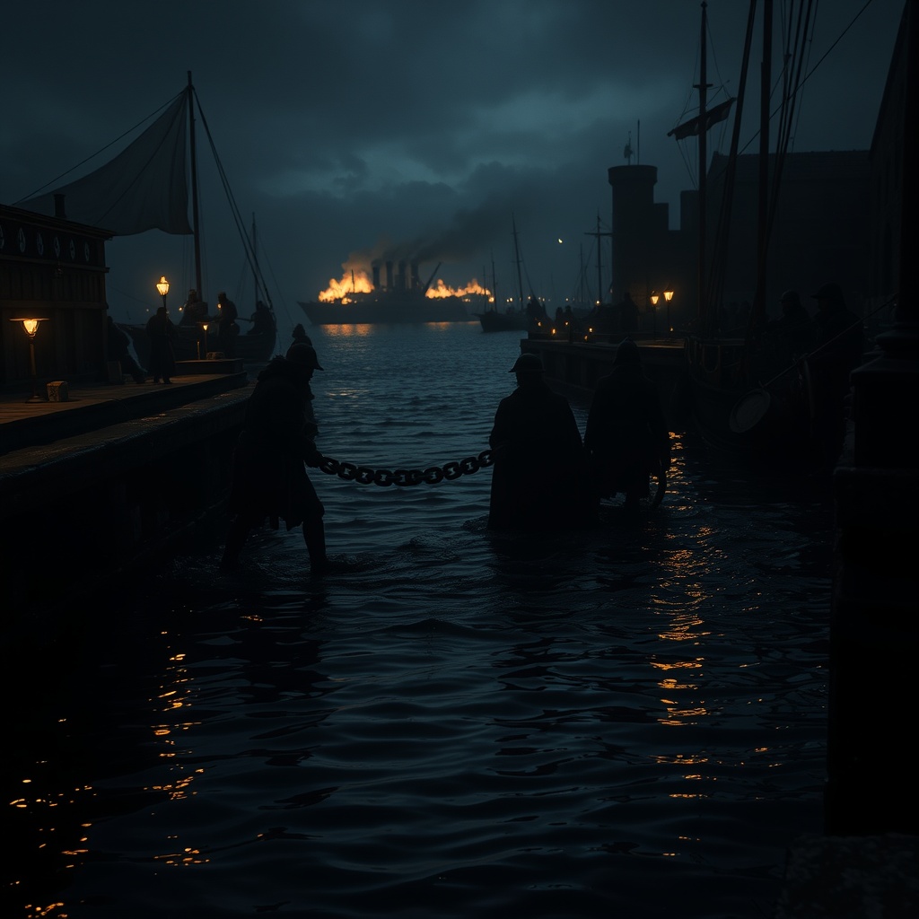 A night scene at the harbor edge with anonymous soldiers hauling a heavy chain a