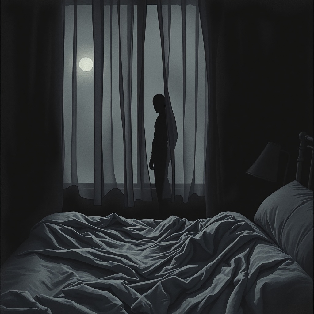 Dark charcoal horror illustration of a hotel bed in near darkness, sheets rumple