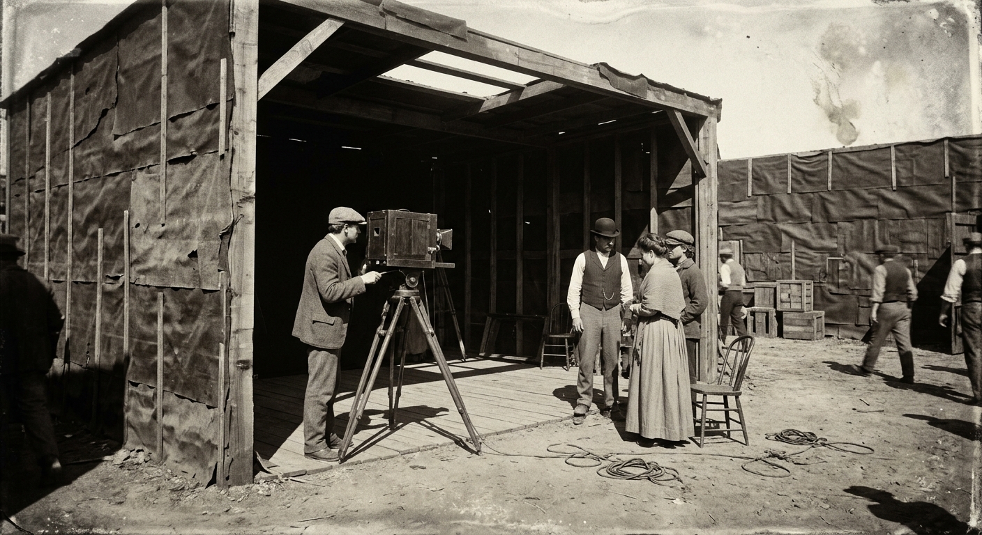 A tar-papered 1890s film studio yard under stark daylight, the studio structure 