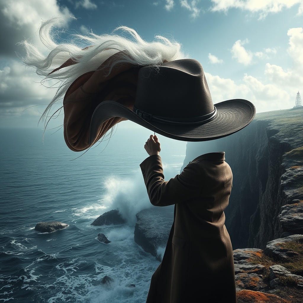A windy coastal cliff scene with a person in a long coat gripping a dramatically