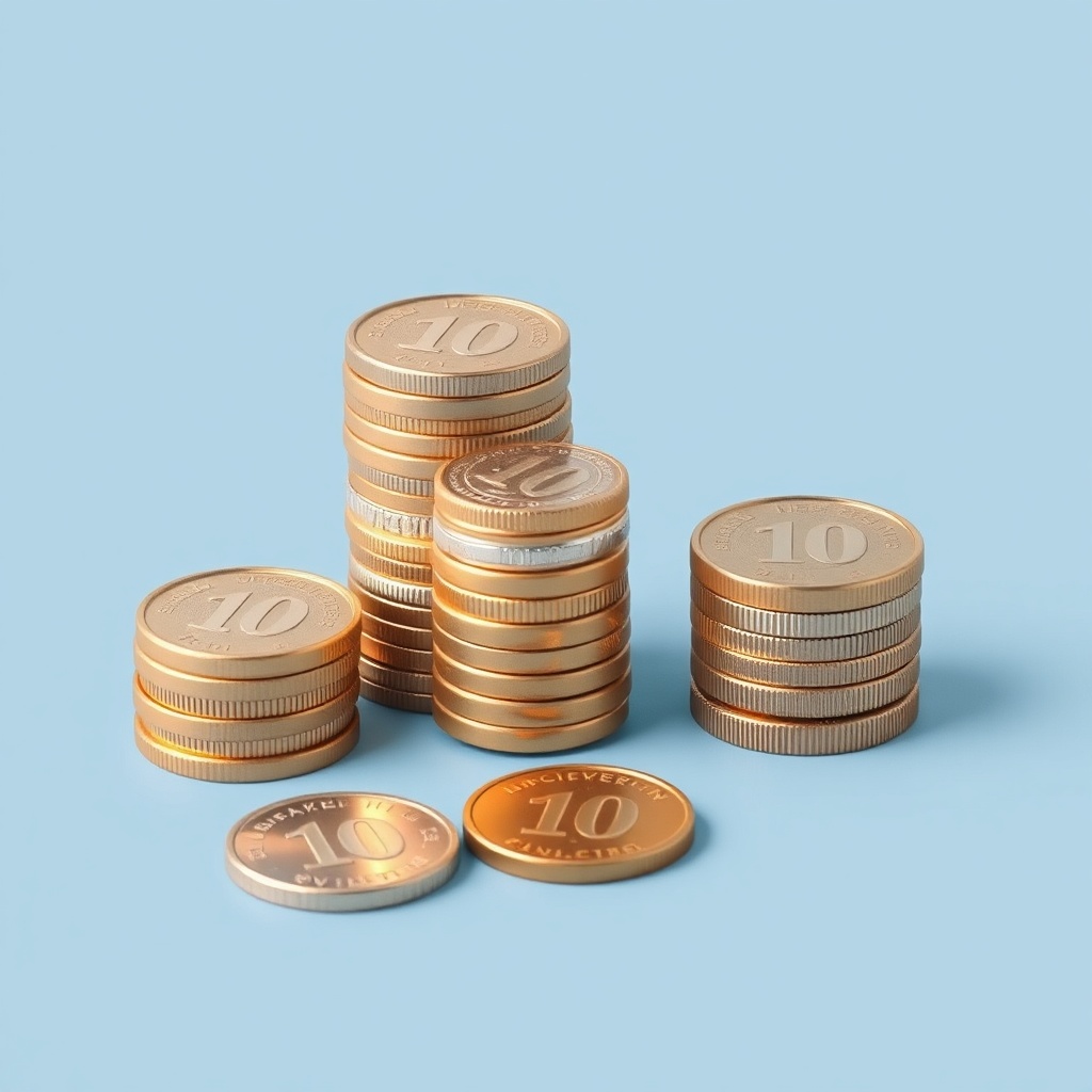 A clean infographic-style scene with three stacks of coins: a stack of ten, anot
