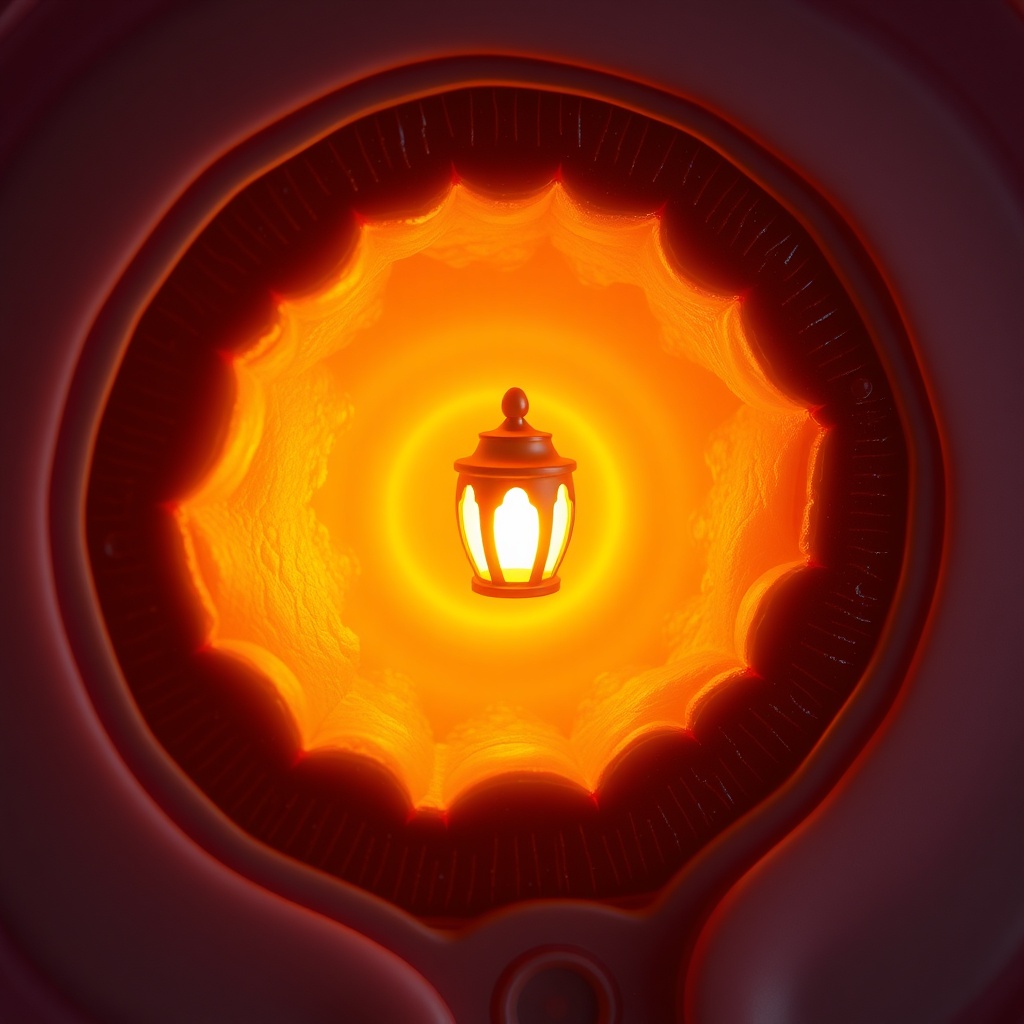 A close-up semi-realistic ovary cross-section with a glowing golden “corpus lute