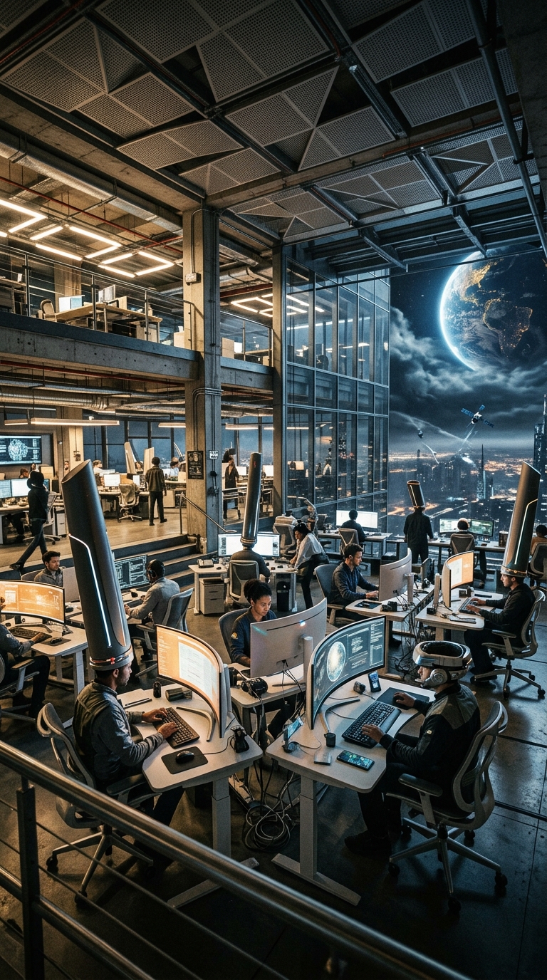 High-tech open-plan office with employees at ergonomic stations, some with tall 