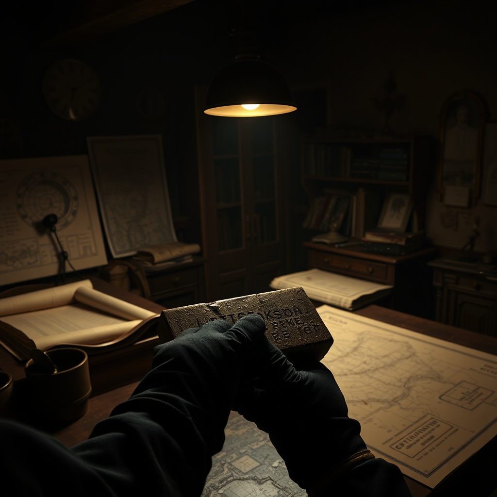 A dimly lit early 1900s city planning office with rolled maps, a drafting table,