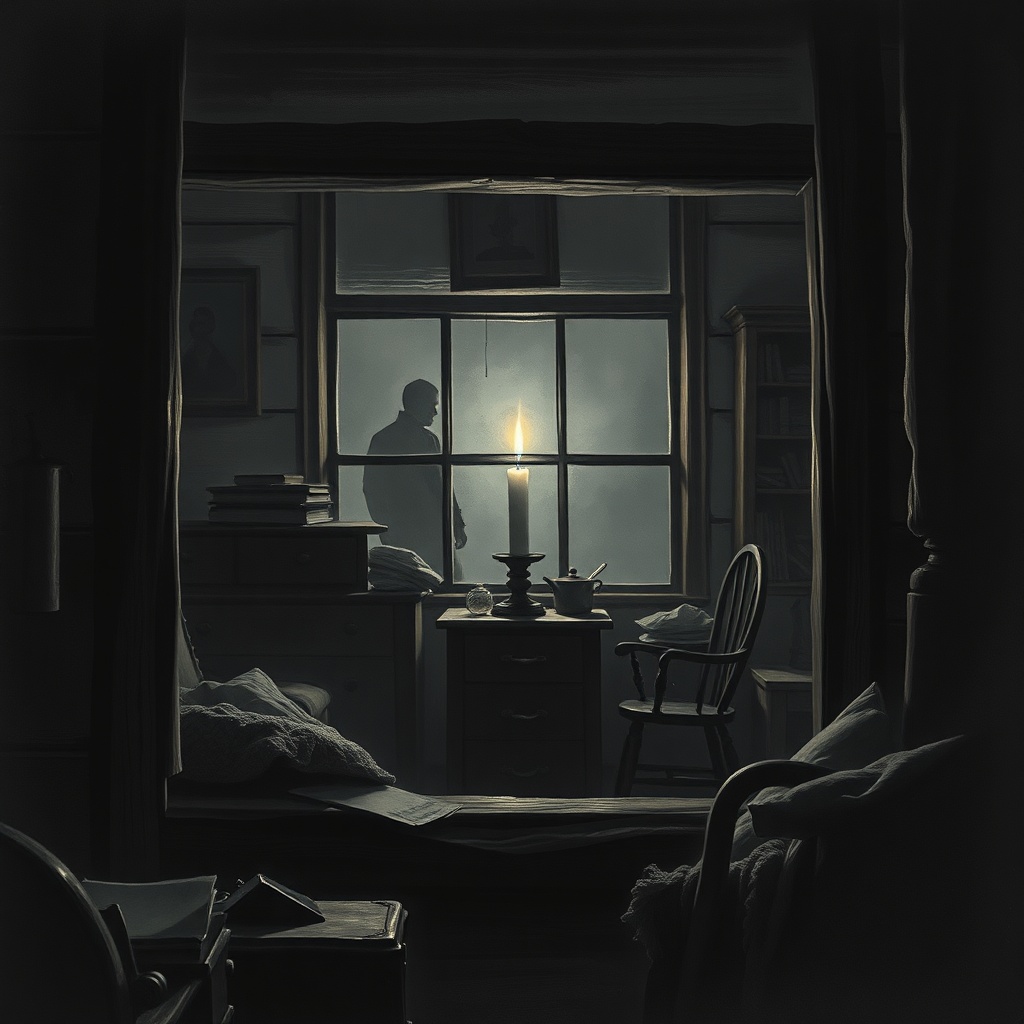 A flickering candle in the window of the cabin, casting distorted shadows across