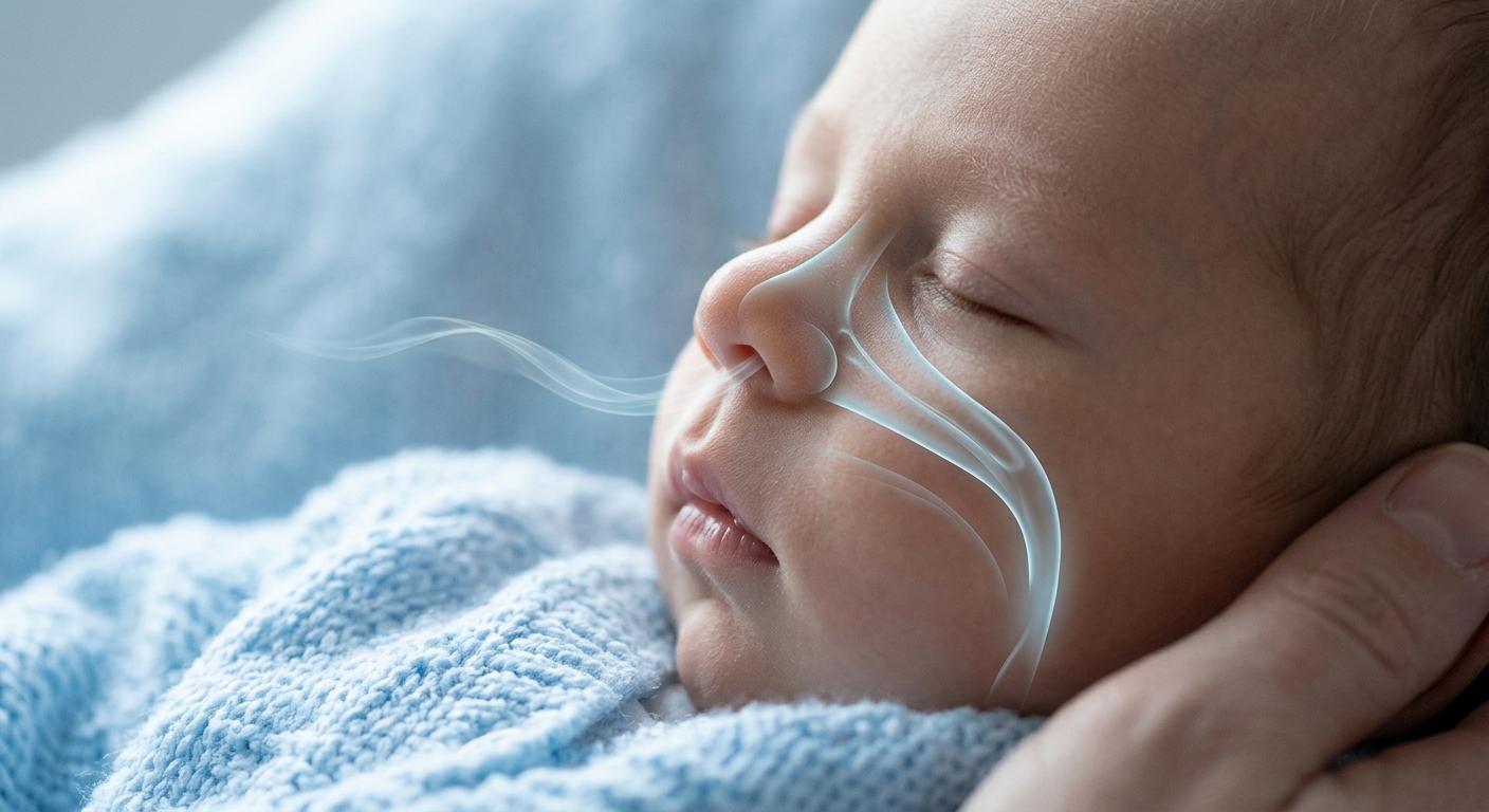 A semi-realistic close-up of a baby’s face in soft lighting with a visible gentl