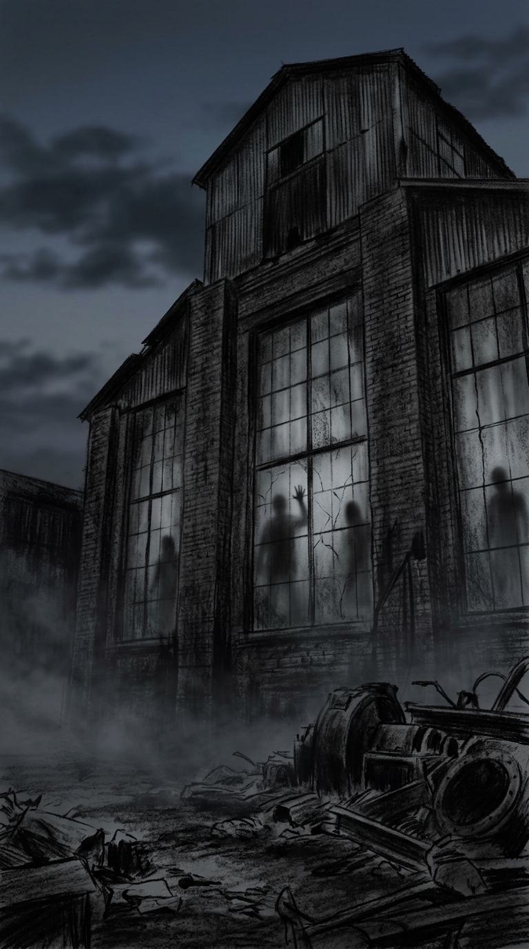 An abandoned steel mill at dusk, its windows misted and eerie figures faintly vi