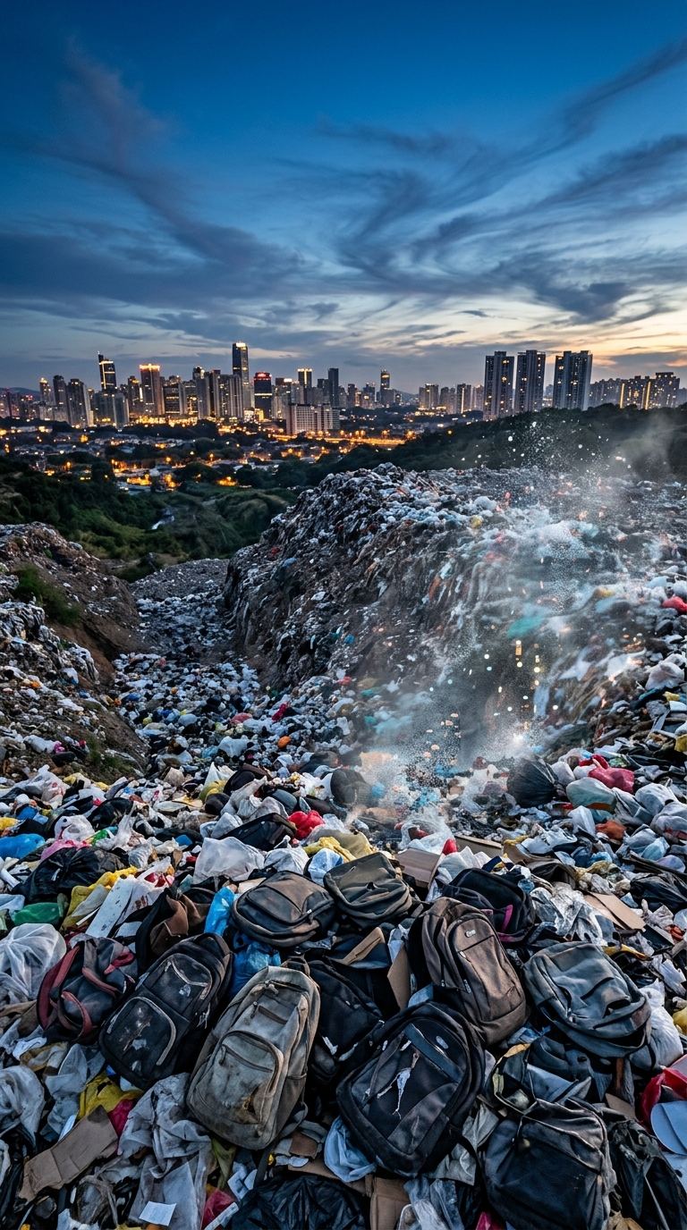 Vertical shot of a city landfill at dusk where piles of trash appear to fade int
