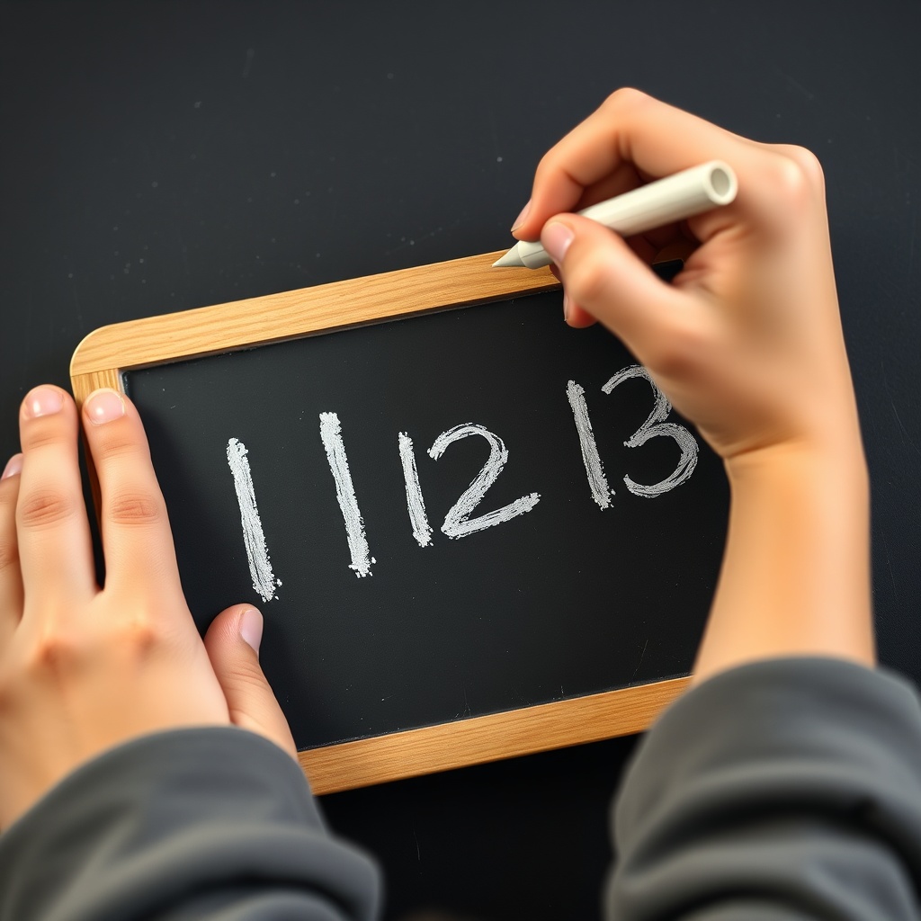 A realistic classroom-style moment: a child’s hand writing “11 12 13” in chalk o